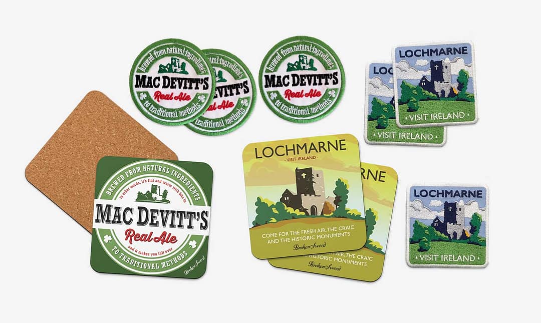 Coasters and patches themed around the fictional setting of Lochmarne.