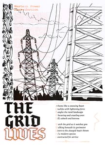 Risograph poster print that mythologises pylons in the English rural landscape