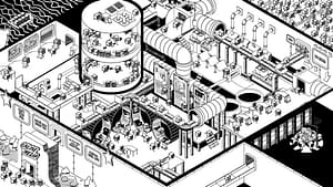 Dense illustration with cubes exploring a factory about social media