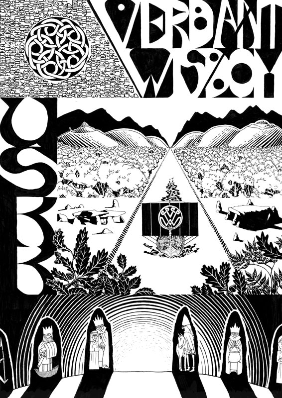 A black and white illustration dedicated to the river Usk in Wales with stories from the Mabinogion for Uskk and Verdant Wisdom