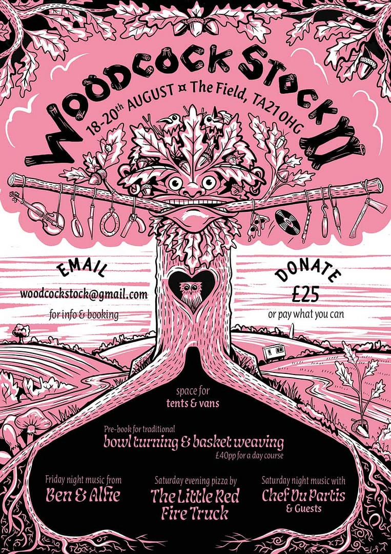 woodcockstock_2023_pink Coasters and patches themed around the fictional setting of Lochmarne.